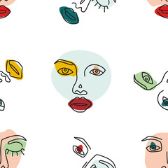 Seamless pattern face line art face painting surreal face with soft color circles. Vector Surreal Face Background, Linear Art, Colored Illustration, Woman Faces. Surreal woman on white background