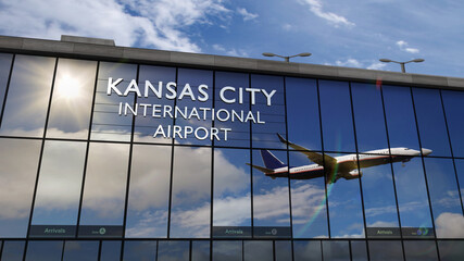 Airplane landing at Kansas City mirrored in terminal