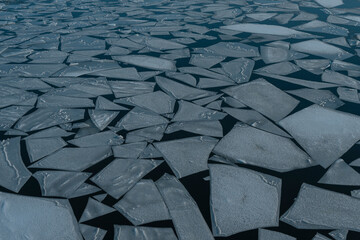 Ice floes on a river, lots of ice floes on a river, 