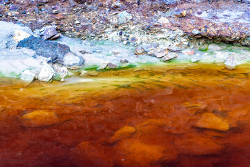 orange red river with iron ore and copper ore deposits in the Rio Tinto mining area