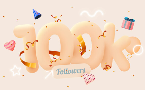 100k or 10000 followers thank you Pink heart, golden confetti and neon signs. Social Network friends, followers, Web user Thank you celebrate of subscribers or followers and likes.
