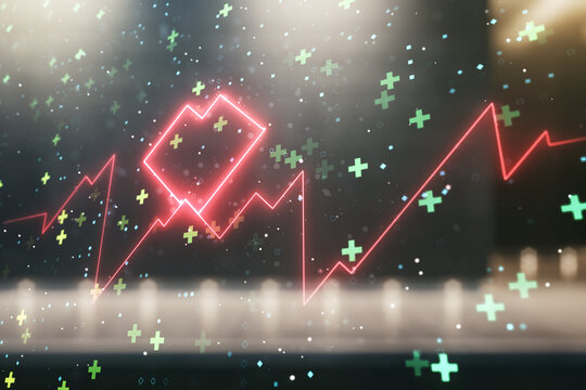 Abstract virtual heart pulse hologram on blurry contemporary office building background, online medical consulting concept. Multiexposure