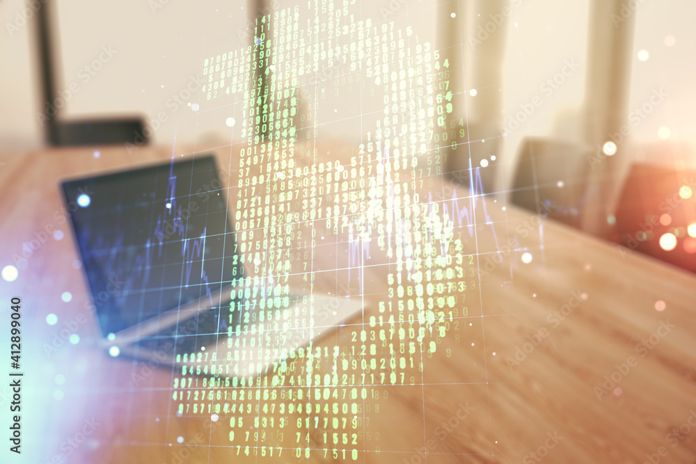 Poster double exposure of creative bitcoin symbol hologram with computer on background. mining and blockcha