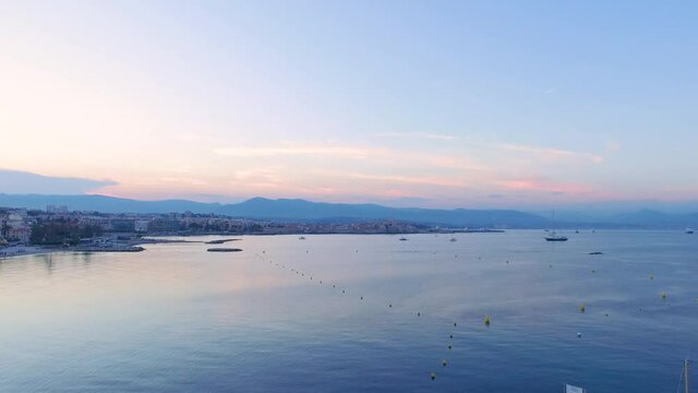 Aerial view of Antibes coastal line at dawn, France.