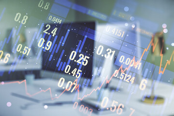 Abstract creative financial graph on modern laptop background, forex and investment concept. Multiexposure