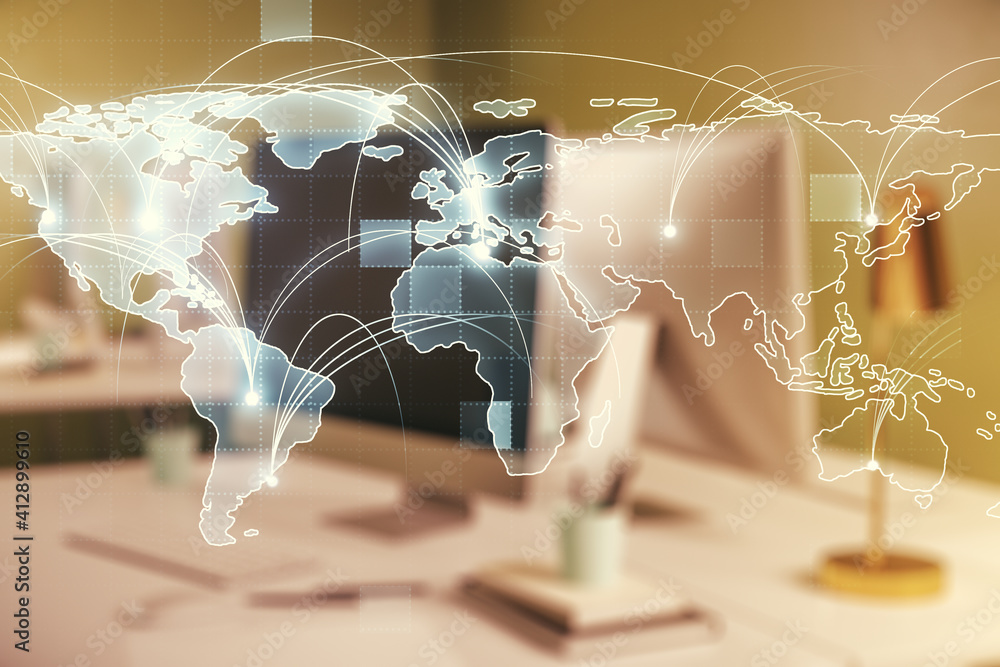 Poster abstract graphic digital world map with connections on modern computer background, globalization con