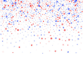 Flying red blue white star sparkles on white vector american patriotic background.