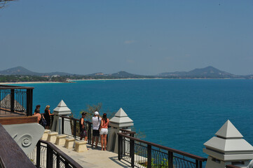 Tourists enjoy beautiful scenery at Lat Koh Viewpoint in Samui Island, Thailand.