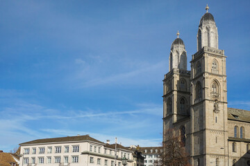 Fototapeta na wymiar The Grossmuenster in Zürich. It is a protestant church in Switzerland. 