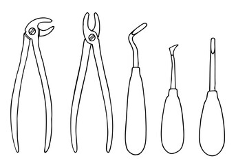 Dental surgical forceps for the upper and lower jaws and elevators for tooth extraction in doodle style. © Andriy