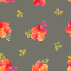 Peach and chaenomeles japonica flowers with leaves and buds seamless pattern. Acrylic illustration for textile, postcards, invitations, posters, banners, fabric, paper.