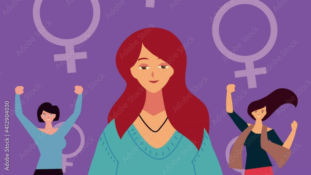 Poster happy womens day animation with girls and female genders pattern