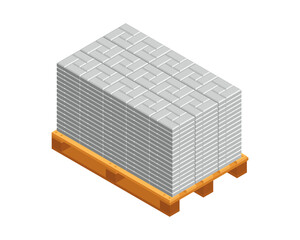 Isometric vector illustration concrete paver blocks on wooden pallet isolated on white background. Realistic colorful street paving slabs icon in flat cartoon style. Pavement floor bricks. Street tile