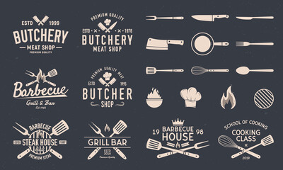 Butchery and Barbecue logos, emblems, labels, badges. Gill logos. Set of 8 logo templates. Kitchen utensils. Restaurant objects. 13 design elements for logo, banner, poster design. Vector illustration