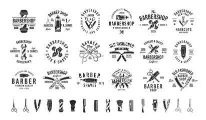Barbershop, Barber, Haircut's salon vintage hipster logo templates. 18 Logos and 16 design elements for barber shop, haircut's salon. Barber shop emblems templates. Vector illustration - obrazy, fototapety, plakaty