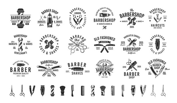 Barbershop, Barber, Haircut's salon vintage hipster logo templates. 18 Logos and 16 design elements for barber shop, haircut's salon. Barber shop emblems templates. Vector illustration