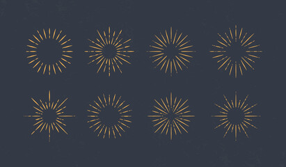 Vintage light rays, fireworks isolated on white background. Starburst retro design elements for logo, poster design. Sunburst icons. Vintage hipster style of Sun burst. Vector illustration