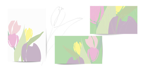 Set of cards with hand-drawn flowers tulips in modern minimalist style. Vector