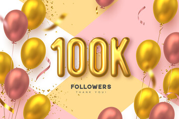 100K followers banner. Thank you followers vector template with 100K golden sign and glossy balloons for network, social media friends and subscribers.