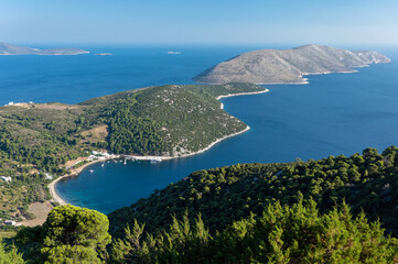 Distant view of landscape with gulf and cape at Skyros island in Greece