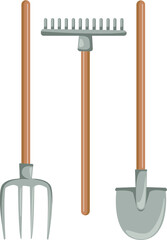 Garden care accessories. Shovel and rake. Gardening and spring. Vegetable garden and equipment for harvesting. Cartoon style. Vector illustration.