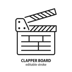 Obraz premium Movie clapper board line vector icon. Symbol of cinema. Sign of filmmaking in the form of a clapboard. Editable stroke.