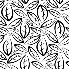 Black contour linear leaves isolated on white background. Cute monochrome seamless pattern. Vector flat graphic illustration. Texture.