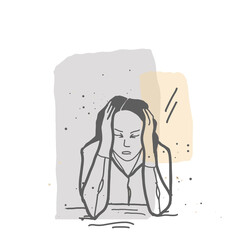 Stess desperate girl holding her head line art illustration