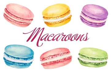 Photo sur Plexiglas Macarons Set of watercolor macaroons isolated on white background. Hand drawn watercolor illustration.