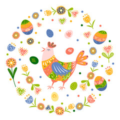 Happy easter. Set of chicken, colored eggs, flowers. Hello spring. Vector illustration. Flat design with ornate pattern.