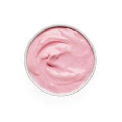 Strawberry yogurt in white bowl