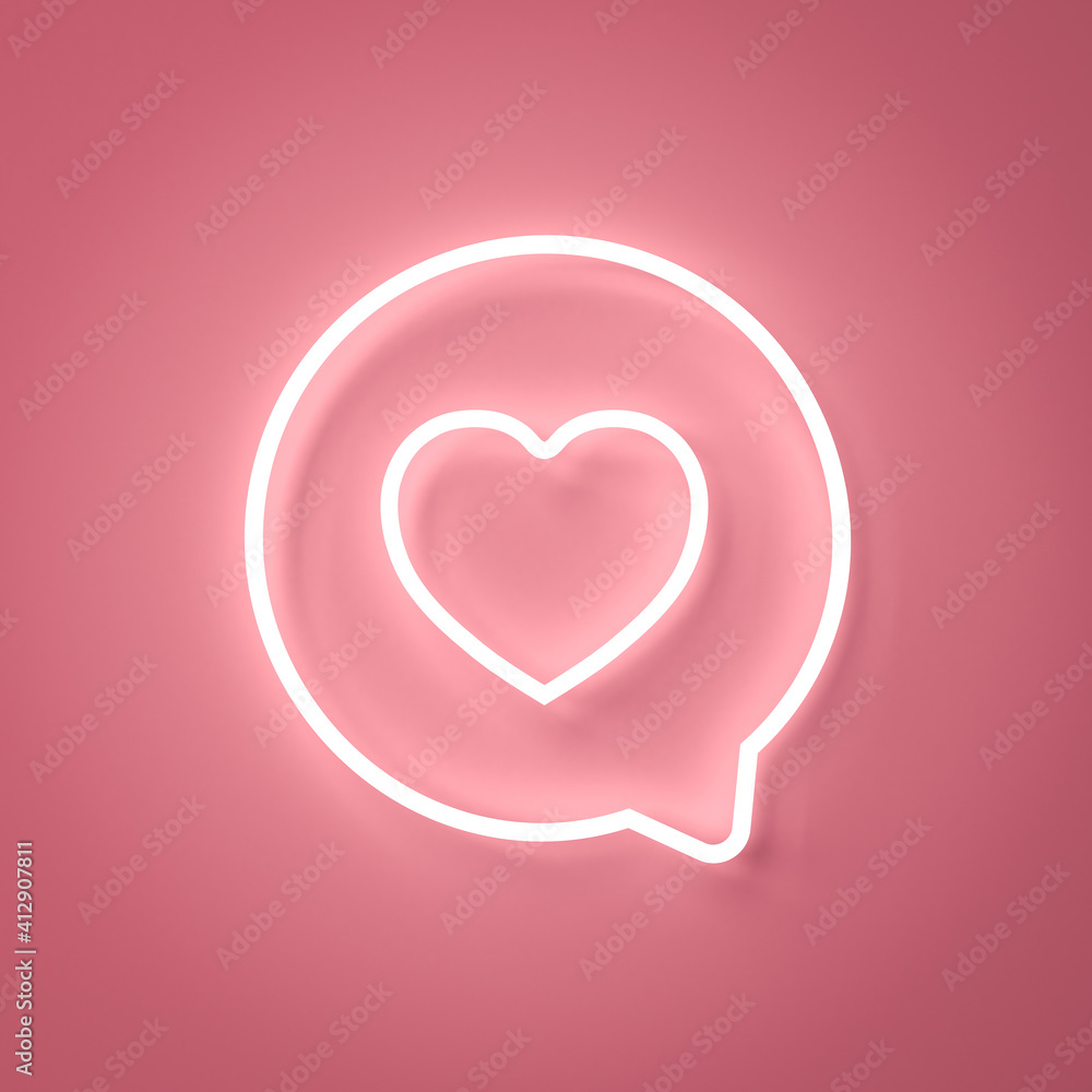 Poster neon social media notification love like heart icon in round speech bubble pin isolated on pink past