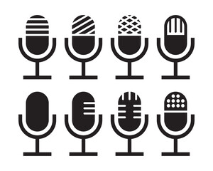 Microphone icon set isolated on white background. Podcast icon, voice recording. Retro microphone vector image.