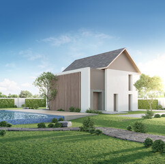 Fototapeta premium Luxury house with swimming pool and wooden terrace in modern design. Green grass lawn at vacation home. 3d illustration of contemporary holiday villa exterior.