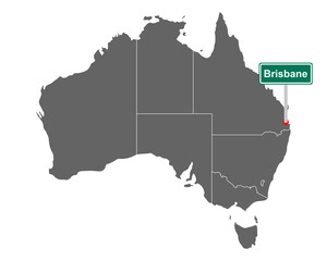 Ortsschild Brisbane auf Landkarte von Australien