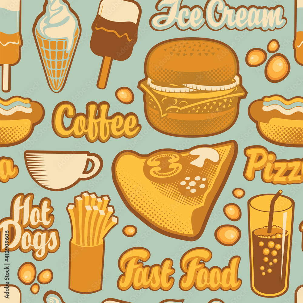 Poster seamless pattern on the theme of fast food menu with inscriptions and drawings in retro style. carto