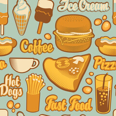 Seamless pattern on the theme of fast food menu with inscriptions and drawings in retro style. Cartoon vector background with pizza, burger, french fries, ice cream, cola, coffee and hot dog