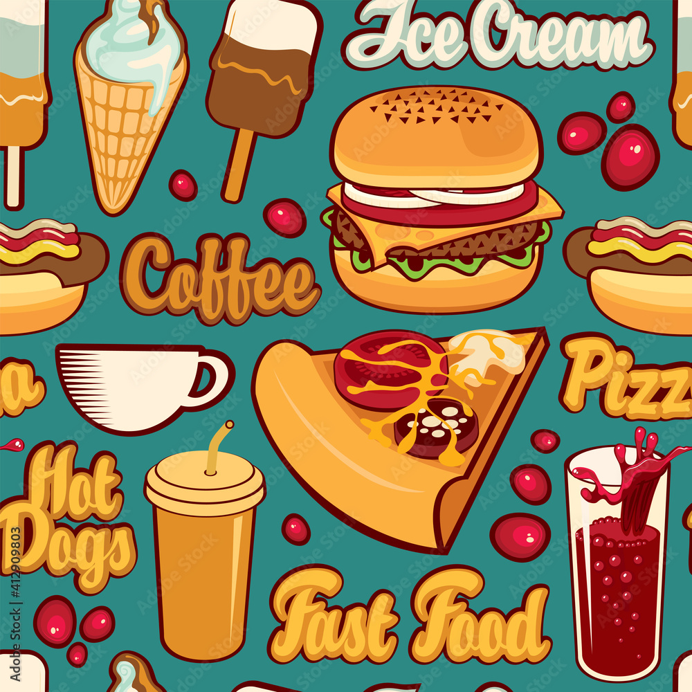 Poster seamless pattern with drawings and inscriptions in retro style on a yellow backdrop. vector cartoon 