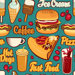 Seamless pattern with drawings and inscriptions in retro style on a yellow backdrop. Vector cartoon background on the theme of fast food with pizza, burger, ice cream, coffee, cola, hot dog