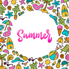 cute hand lettering quote 'Summer' decorated with circle frame of doodles for greeting cards, posters, prints, invitation templates, etc.