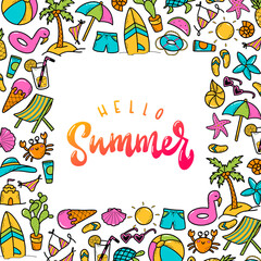 cute hand lettering quote 'hello Summer' decorated with square frame of doodles for greeting cards, posters, prints, invitation templates, etc. 