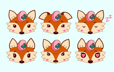 Vector illustration of different emotions of one character (fox lady): calmness, sadness, sleep, surprise, anger, love.