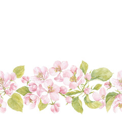 Blooming apple tree. Seamless watercolor strip. Spring arrangement.