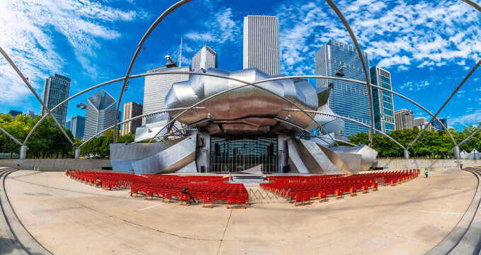 Chicago, USA - September 18, 2019 : Jay Pritzker Pavilion view on Millenium Park in Chicago City.