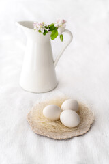 Easter concept. Easter decoration with unpained easter eggs on a white background