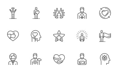 Set of Vector Line Icons Related to Self-esteem. Self-acceptance, Self-respect, Self-development. Editable Stroke. 64x64 Pixel Perfect.