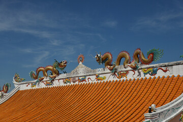 Beautiful Dragon Sculpture on The Roof in Wihan Thep Sathit Phra Kitthi Chalerm Shrine (Nacha Sa Thai Chue Shrine or Naja Shrine) Bang Sean, Chonburi, Thailand