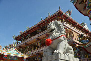 Lion Stone Sculpture at Wihan Thep Sathit Phra Kitthi Chalerm Shrine (Nacha Sa Thai Chue Shrine or Naja Shrine) Bang Sean, Chonburi, Thailand