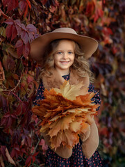 Fototapeta na wymiar little girl in autumn park staying with bouquet of leaves