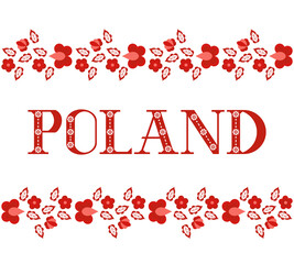 Poland illustration floral typography vector. Traditional flowers polish ornaments pattern background. Design for tourist banner, poster, party invitation, travel flyer. - 412914221